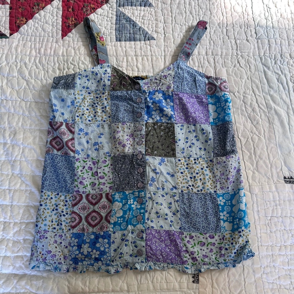 Blue Sky Patchwork Cami Top Blue Purple Floral Button Front Tank Medium